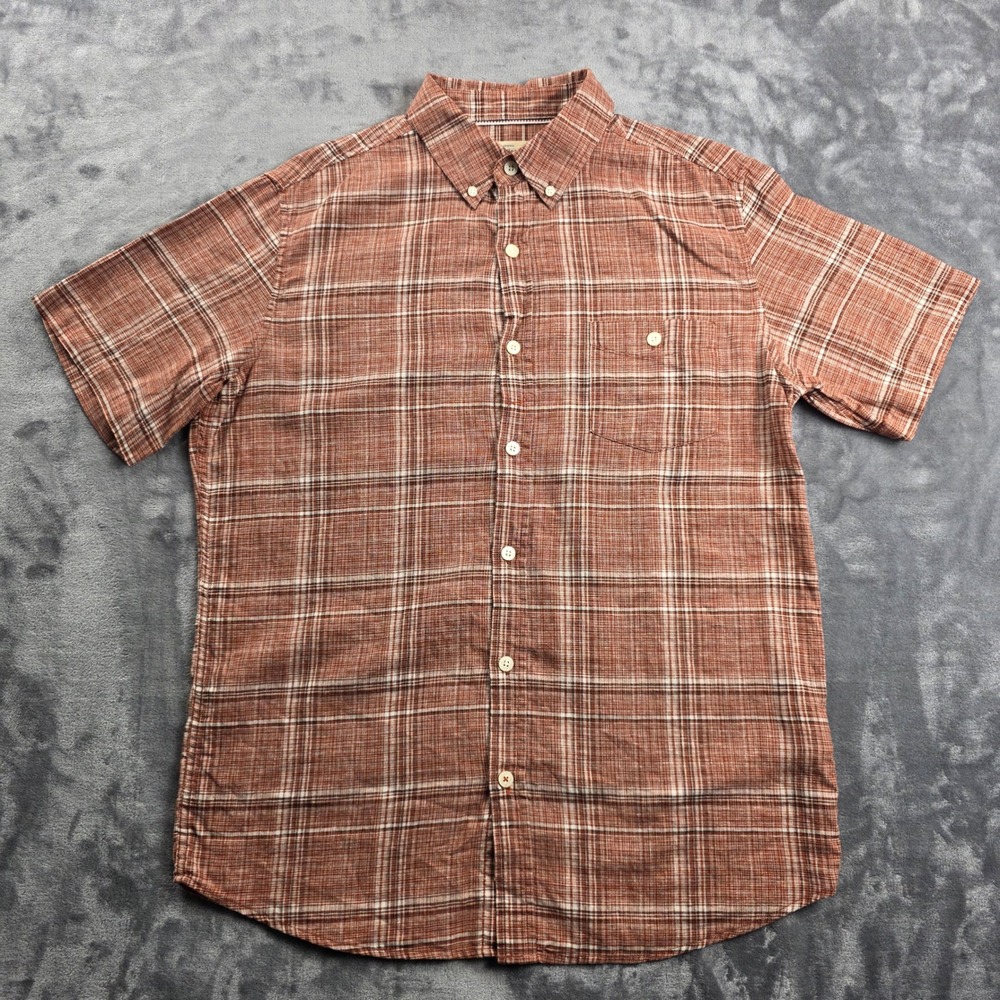 Weatherproof Vintage Shirt Mens M Rust Plaid Linen Blend Short Sleeve Button